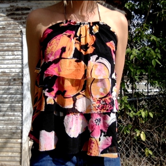 Floral Ruffle Gold Chain Halter-top - Picture 3 of 7